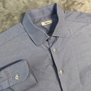 Ingram Made In Italy Dress Shirt Mens XL Blue White Micro Check Cotton Button Up